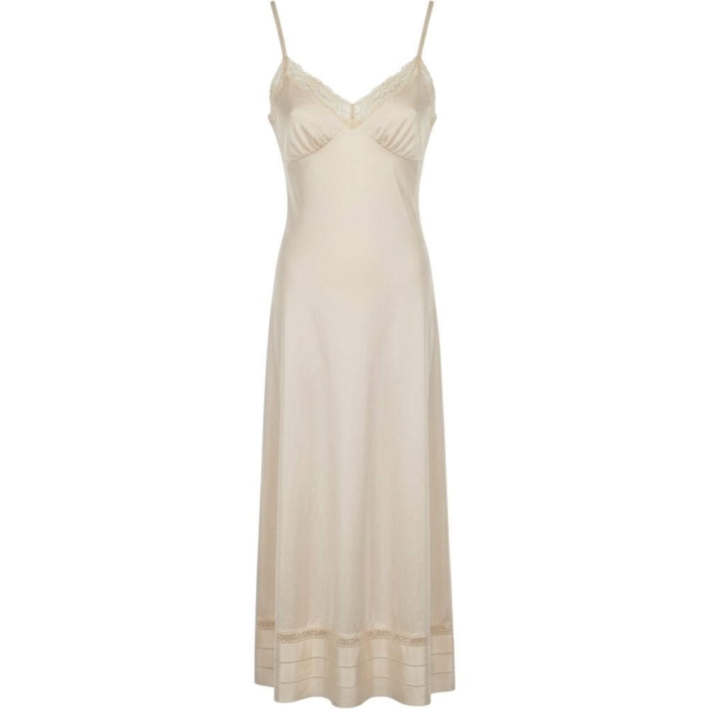 VTG Romantic Lorraine Full Slip Dress Small Lace Trim Beige Champagne Coquette